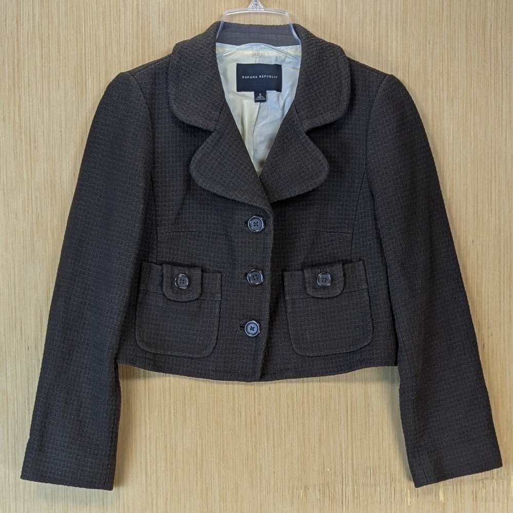 Banana Republic Women Preppy Twee Cropped Blazer Jacket 6 Brown Cotton Linen